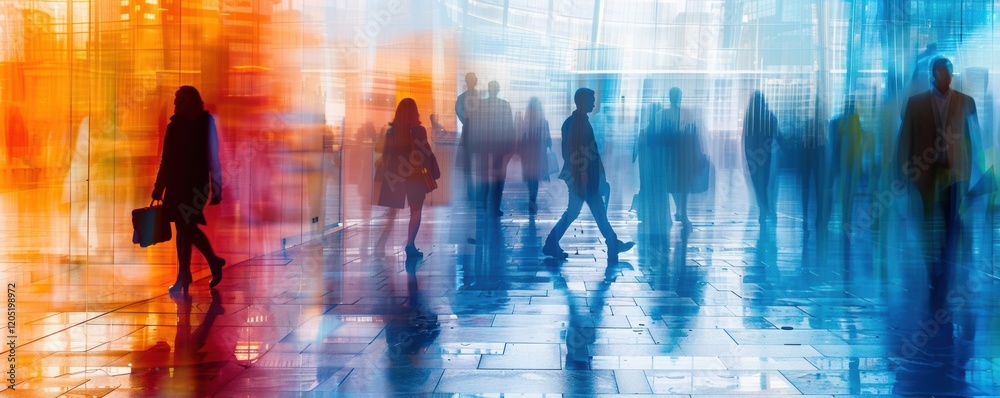 Obraz premium Group of people walking down a street with a blue background