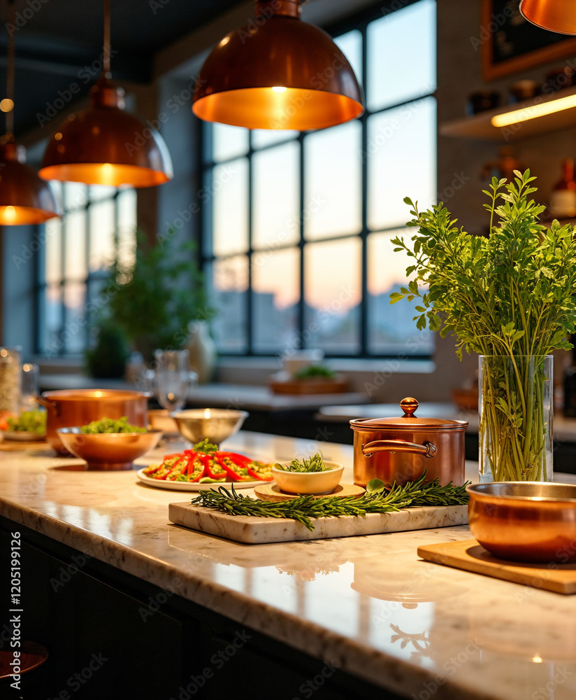 Fototapeta premium Modern Restaurant Kitchen Design: Culinary Workspace with City Views at Sunset, Appetizers and Ingredients on Display