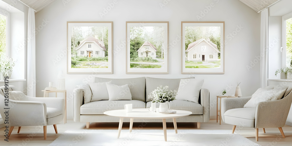 Fototapeta premium A Serene Living Room Showcases Framed Pictures of Idyllic Country Houses in a Minimalist Setting with a Sofa and Armchairs.