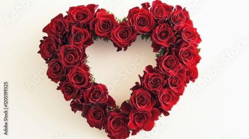 A heart-shaped arrangement of vibrant red roses, symbolizing love and romance, set against a plain background.