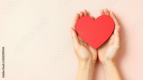 A pair of hands gently cradles a vibrant red heart against a soft pink background, symbolizing love and care.