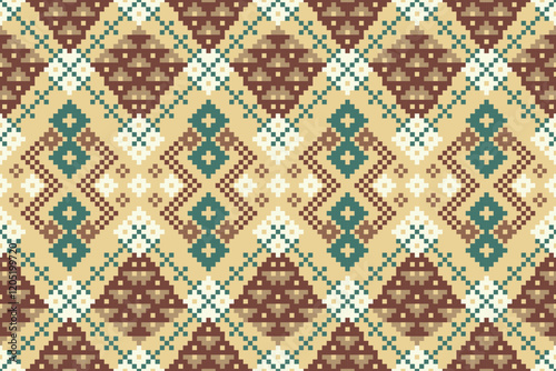 Cross Stitch pattern with Floral Designs. Traditional cross stitch needlework. Geometric Ethnic pattern, Embroidery, Textile ornamentation, fabric, Hand stitched pattern, Cultural stitching pixel art.