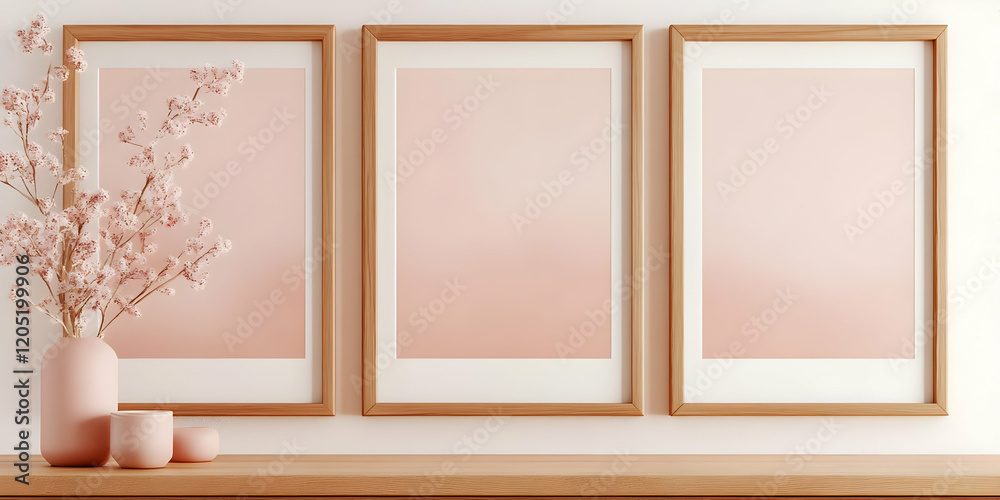 Fototapeta premium Three Wooden Frames Mockup on White Wall with Pink Decor on Wooden Table
