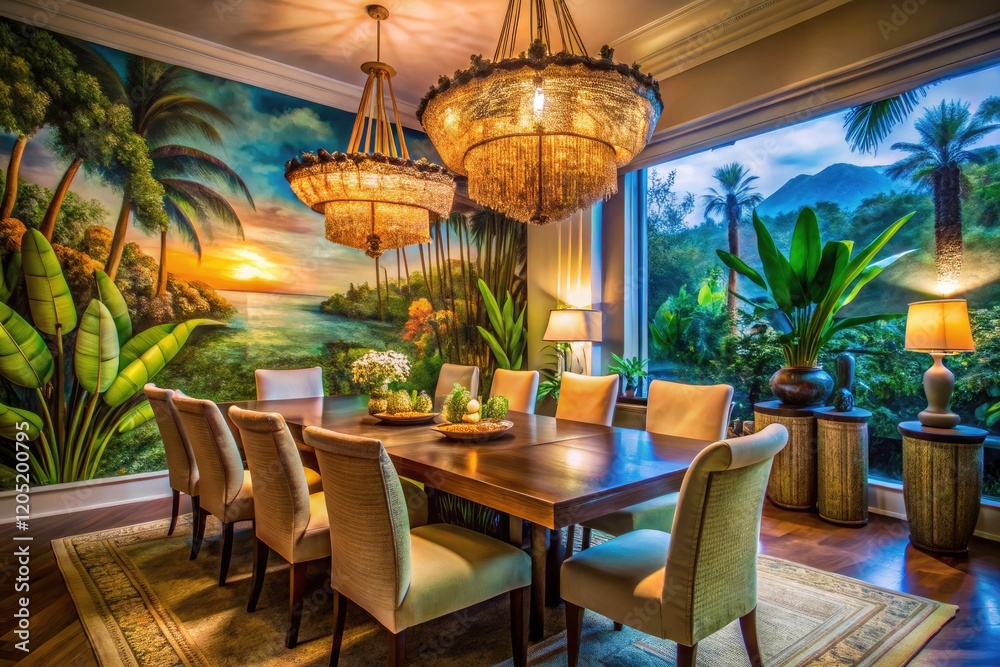 Long-exposure photography captures a stunning woven chandelier in an elegant tropical dining room. Long-exposure photography captures a stunning woven chandelier in an elegant tropical dining room.