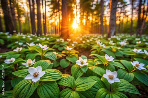 Long exposure reveals ethereal beauty of Cornus canadensis wildflowers carpeting a Canadian forest floor. photo