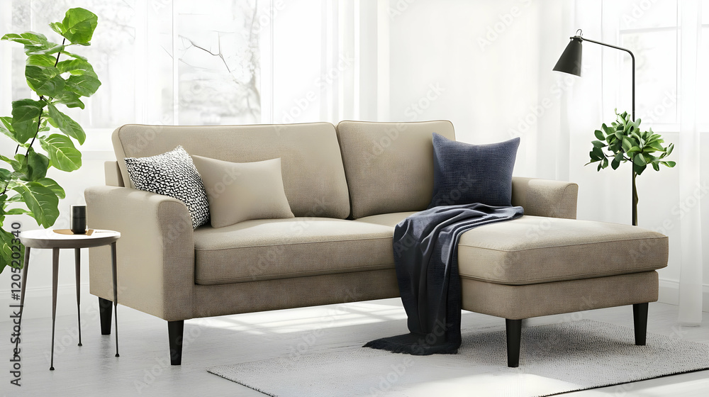 Beige Reversible Sectional Sofa with Chaise Lounge, Throw Pillows, and Blanket in a Bright Living Room Beige Reversible Sectional Sofa with Chaise Lounge, Throw Pillows, and Blanket in a Bright Living Room