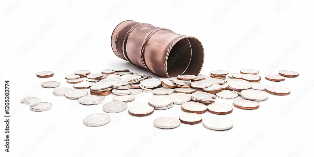 Copper Container Spills Coins onto a White Surface, Displaying Various Currency Copper Container Spills Coins onto a White Surface, Displaying Various Currency