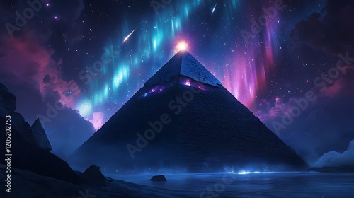 A glowing great pyramid under a fantasy night sky with colorful auroras and drifting comets