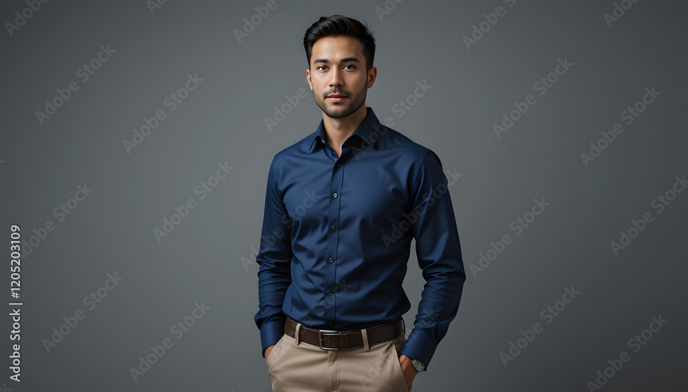 A confident man standing against a plain gray background in a casual denim shirt and folded arms, symbolizing modern fashion, confidence, and a laid-back lifestyle. A confident man standing against a plain gray background in a casual denim shirt and folded arms, symbolizing modern fashion, confidence, and a laid-back lifestyle.