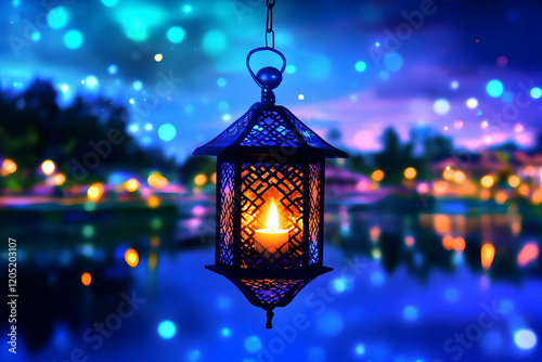 Wallpaper Mural Ornate Lantern Illuminates a Dreamy, Blurred Nightscape Background with Bokeh Lights. Torontodigital.ca