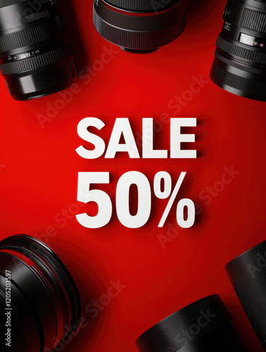 3D text SALE 50% on red background surround by camera and lens
