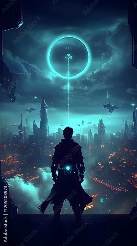 Obraz premium Silhouetted Figure Overlooks Futuristic Cityscape Under a Glowing Ring in a Digital Illustration