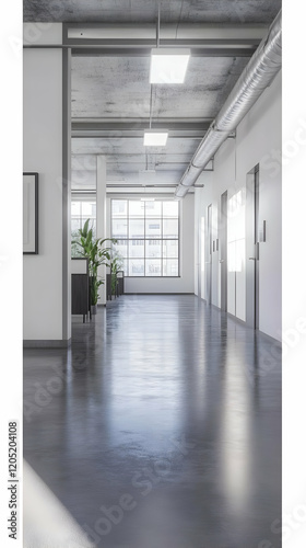 Modern Office Interior Design with Polished Concrete Floors, Exposed Ceiling, and Large Windows