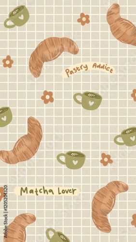 Cute HD Phone Wallpaper illustration with croissant and matcha