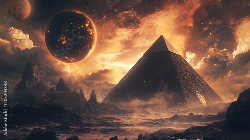 A majestic great pyramid standing under a fantasy sky with luminous planets and mystical clouds