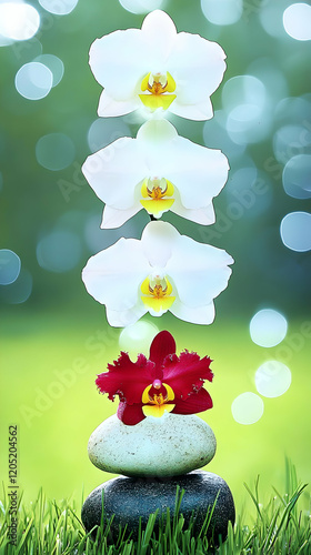 Three White Orchids and Red...