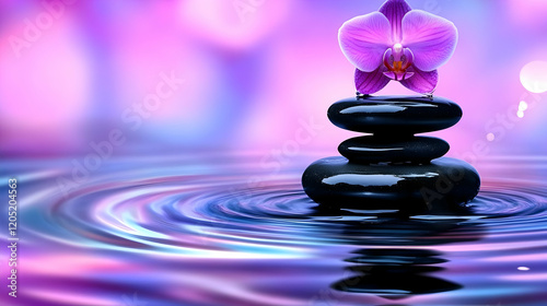 Purple Orchid on Stacked Stones in Rippling Water with a Soft, Dreamy Background