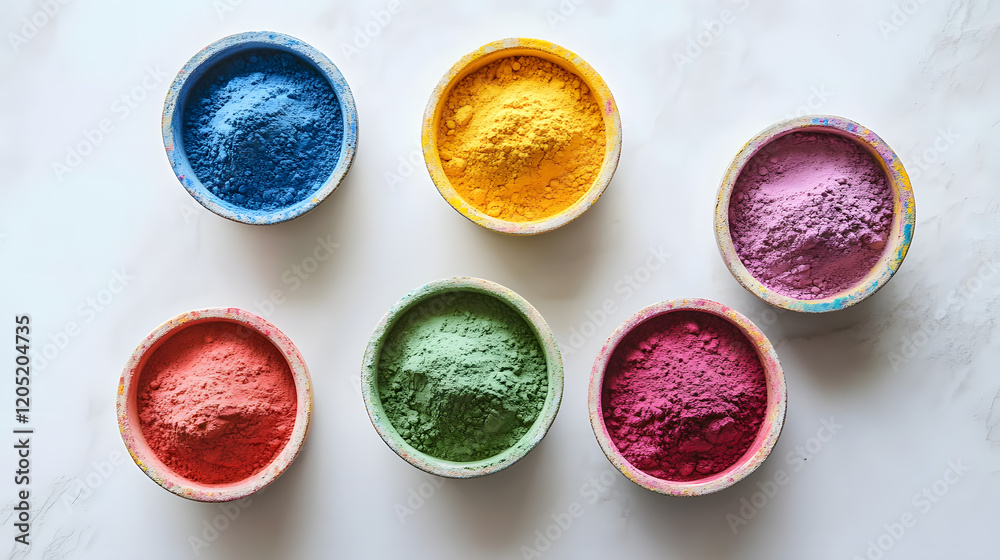 Bright Holi powders in bold colors like red, blue, yellow, green, and pink on a smooth white background. Bright Holi powders in bold colors like red, blue, yellow, green, and pink on a smooth white background.