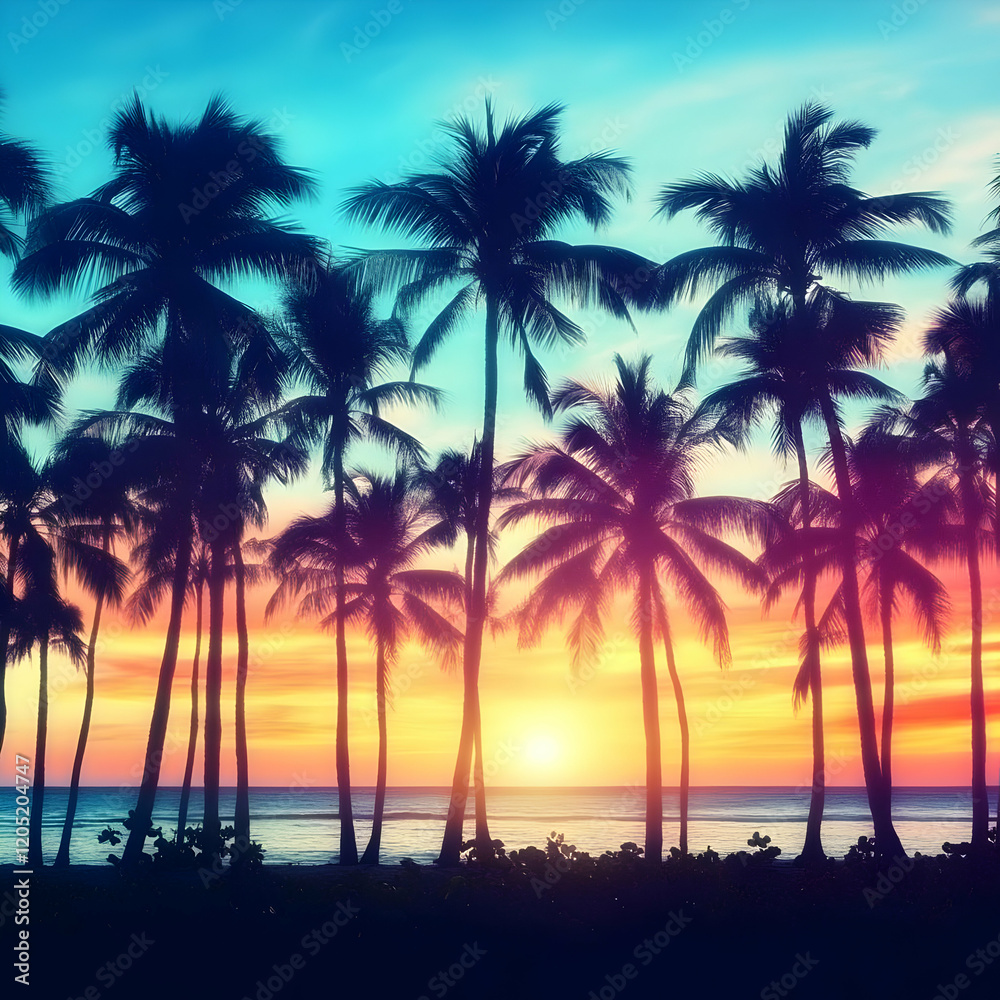 Fototapeta premium Silhouetted Palm Trees Frame a Vibrant Tropical Sunset Over a Serene Ocean Shoreline