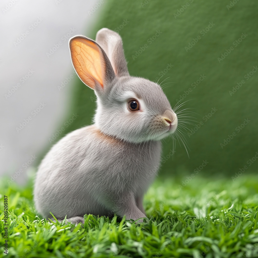 Fototapeta premium Adorable gray rabbit sitting on green grass, ears perked, in a serene outdoor setting.