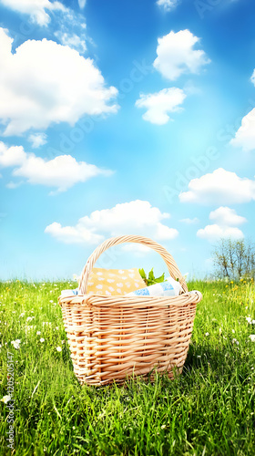 Wicker Picnic Basket Sits o...