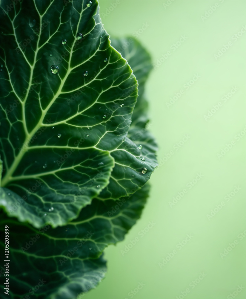Macro close-up of green leafy vegetable with morning dew droplets, vibrant nature backdrop, healthy fresh produce for wellness and clean eating