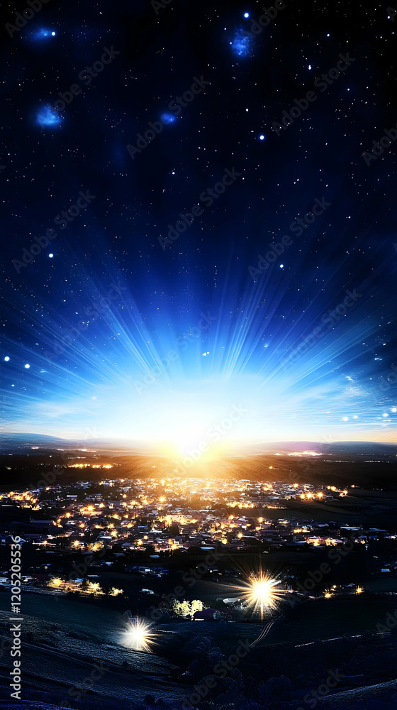 Obraz premium Illuminated Town Nestled Amidst Rolling Hills Under a Starry Night Sky with Radiant Light Beams
