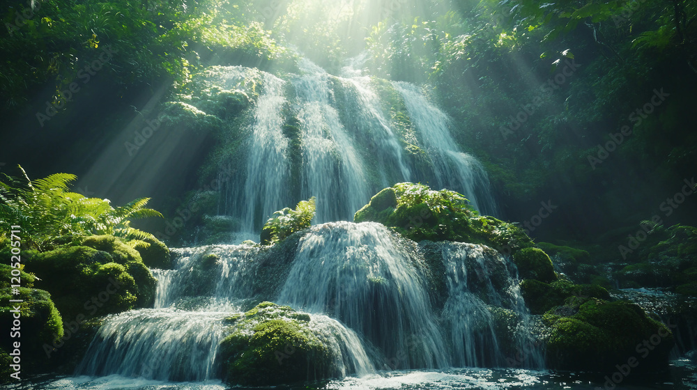 A waterfall with a bright sun shining on it A waterfall with a bright sun shining on it