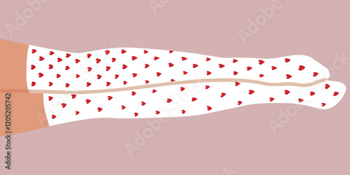 Flat vector illustration of woman legs lying on the floor near each other. The white with red hearts golfs are on the feets.