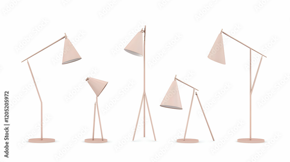 Five Pink Modern Floor Lamps with Cone Shades Stand Elegantly on a White Background Five Pink Modern Floor Lamps with Cone Shades Stand Elegantly on a White Background