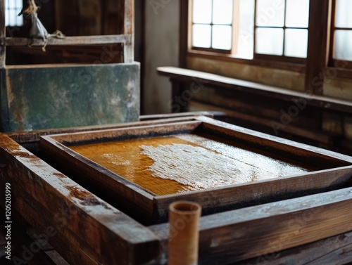 A traditional wooden paper making vat filled with pulp in a Japanese style workshop photo