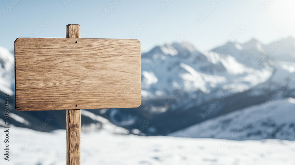 Naklejka premium Blank wooden signpost against a snowy mountain backdrop under a clear blue sky, invoking a sense of adventure.