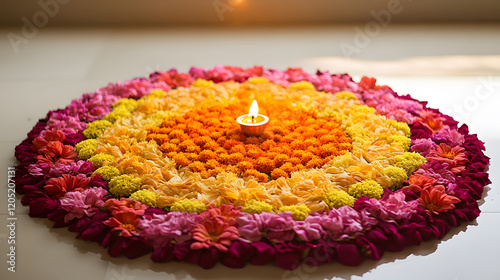 Intricate circular rangoli made with colorful powders and marigold petals for Diwali. photo