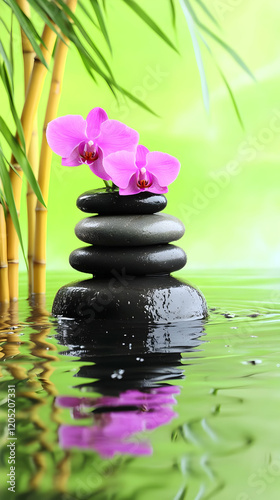 Pink orchid flowers sit atop stacked black stones in calm water with bamboo and green background.