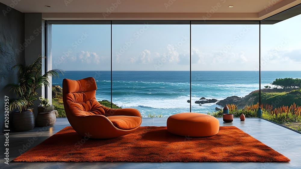 Obraz premium Contemporary 3D living room orange pastel armchair open ocean view large glass window serene vibe 8K realistic