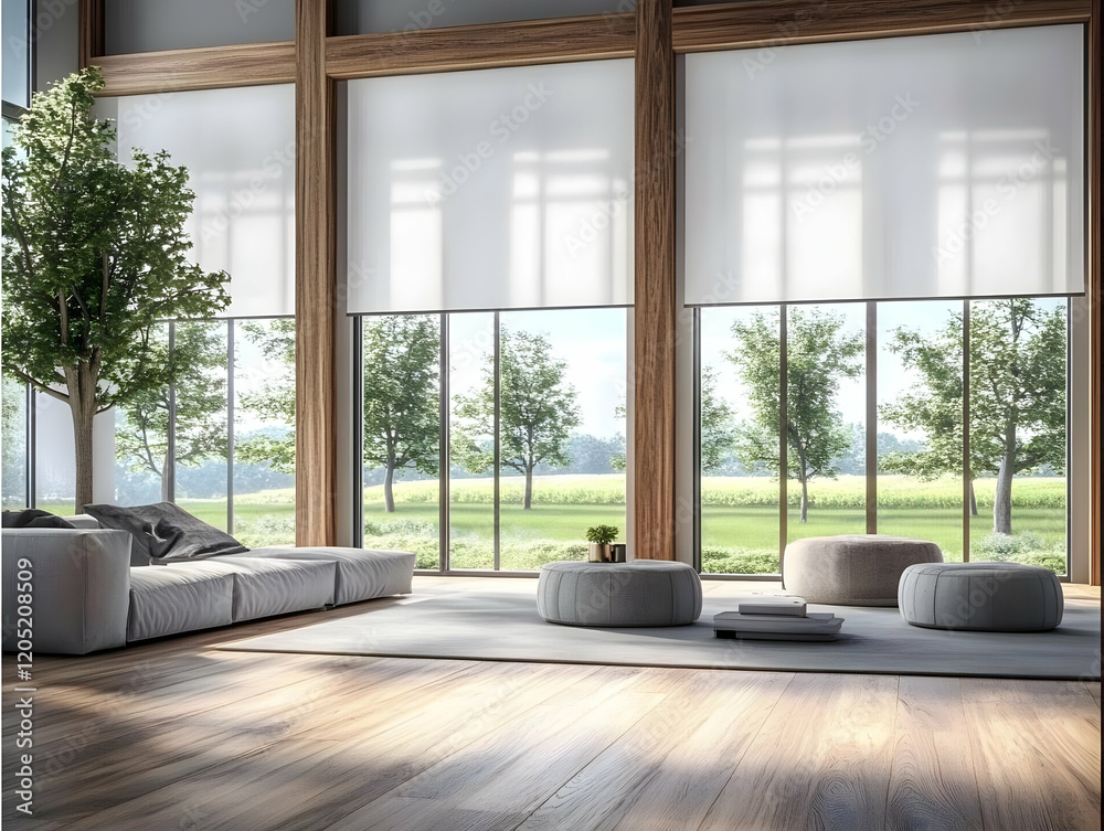 Fototapeta premium Modern living room showcases minimalist design with large windows overlooking a serene green landscape.