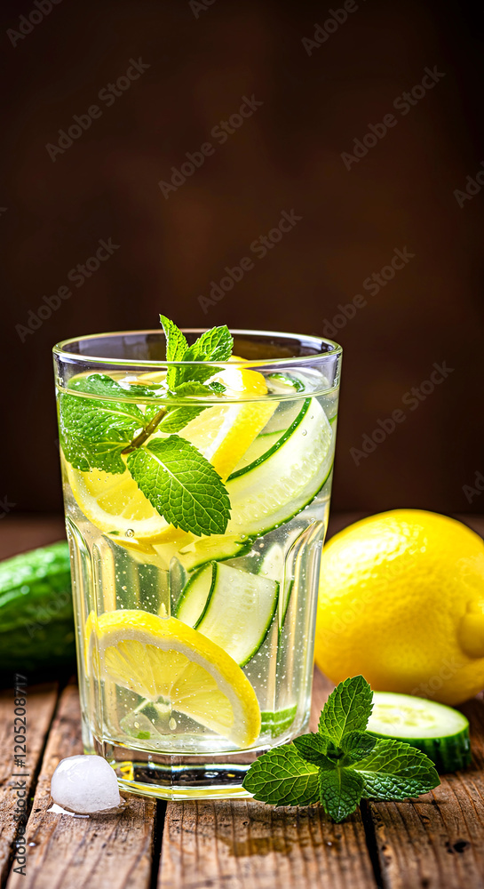 Glass of water with lemon, cucumber, and mint leaves, on a rustic wooden table Glass of water with lemon, cucumber, and mint leaves, on a rustic wooden table