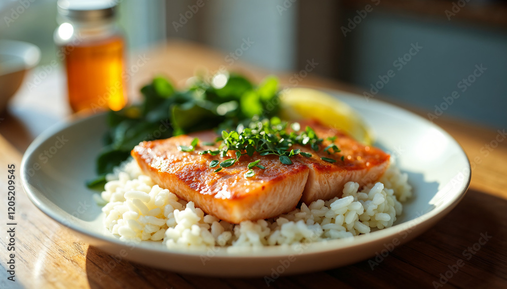 Gentle and nutritious recovery meal featuring steamed fish, fluffy white rice, and tender greens under soft morning light Gentle and nutritious recovery meal featuring steamed fish, fluffy white rice, and tender greens under soft morning light