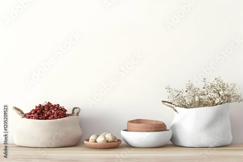 Decorative items sit on a w...