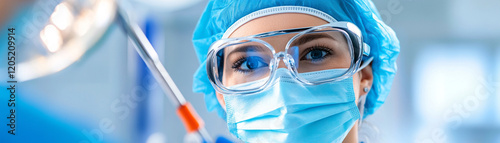 Close-up of a healthcare professional in protective gear focused on work in a medical setting.