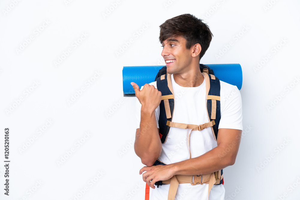 Young mountaineer woman with a big backpack over isolated white background pointing to the side to present a product Young mountaineer woman with a big backpack over isolated white background pointing to the side to present a product