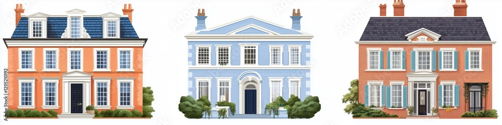 A collection of three distinct Georgian houses style showcasing different architectural styles. The first house is red brick with white trim, the second is light blue with large windows. A collection of three distinct Georgian houses style showcasing different architectural styles. The first house is red brick with white trim, the second is light blue with large windows.