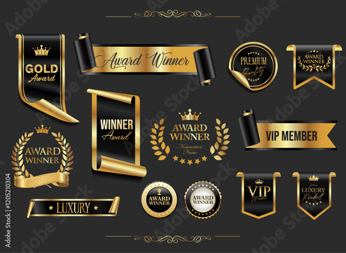 VIP, premium and gold award emblem black and gold isolated on gray background 02.eps