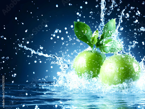 Two Green Apples Splashing ...