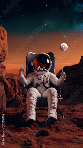 Astronaut sits relaxed in a...