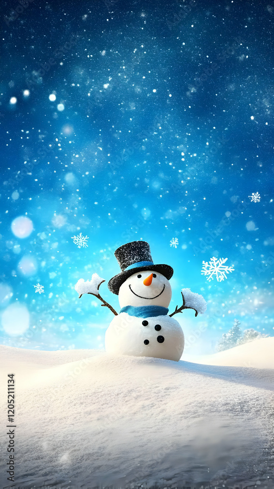 Fototapeta premium Smiling Snowman Stands in Snowy Landscape Under a Winter Sky Filled with Snowflakes