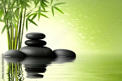 Bamboo stalks and stacked black stones in water create a tranquil spa setting.