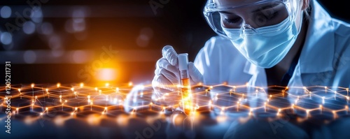 A scientist in a lab coat uses a pipette to conduct research, illuminated by glowing hexagonal patterns, symbolizing advanced technology and innovation in science.
