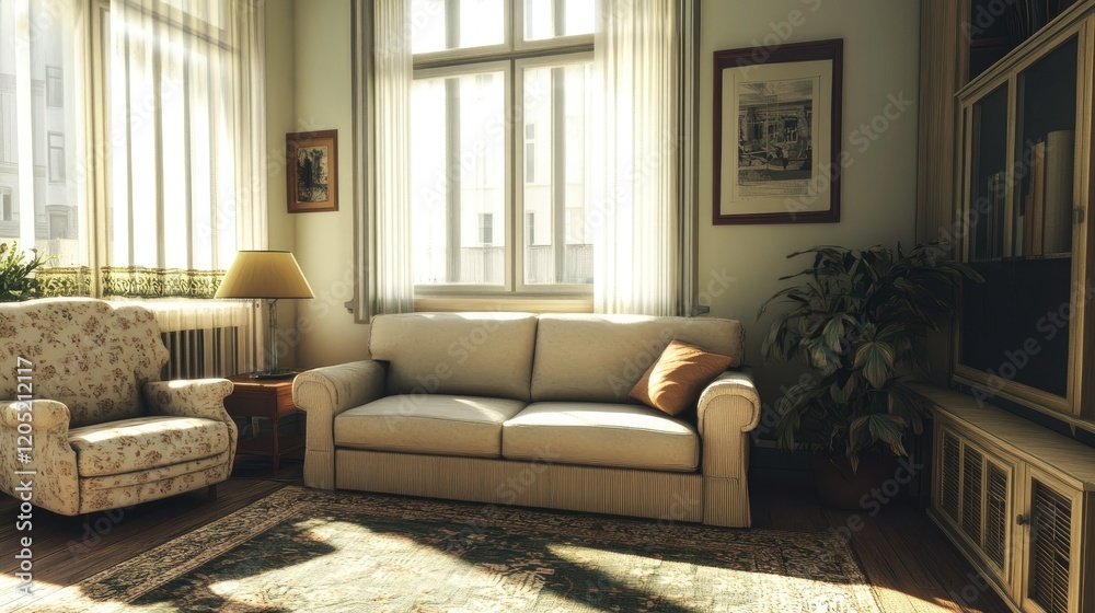 Obraz premium A comfortable living room with a cream-colored sofa, a cozy armchair, and a soft wool rug. Natural light streams through large windows