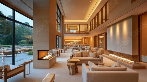 A contemporary living room with a linear fireplace  light wood accents  and neutral furniture. The open design creates a spacious and calming environment